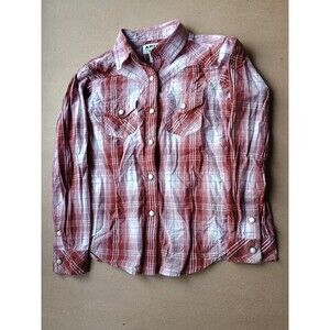 Ariat Real Girls Medium 10 Burgundy Plaid Western Pearl Snap Long Sleeve Shirt
